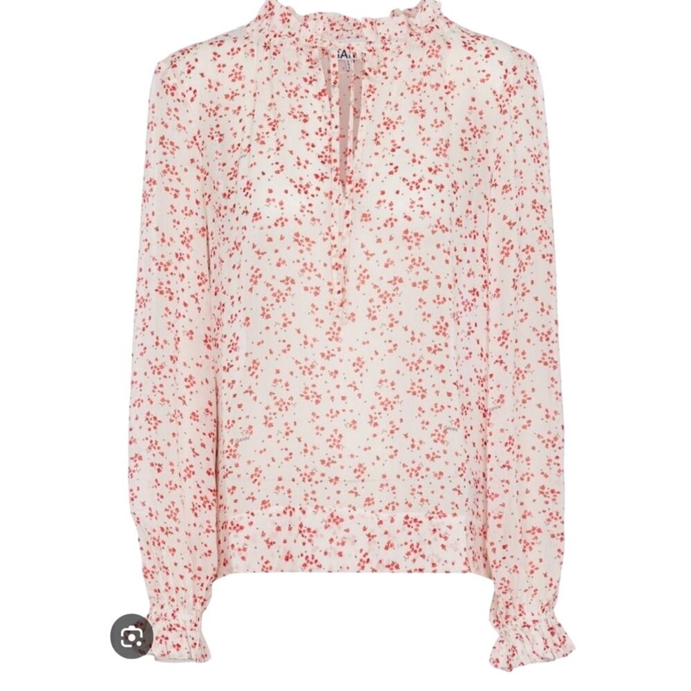 GANNI Blouse Long Sleeve Red Floral Cream Crepe Georgette Ruffle Collar